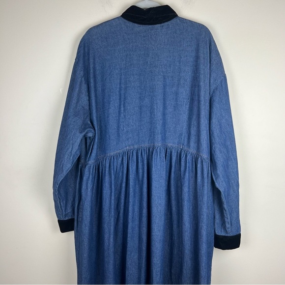 Venezia 80s 90s Vintage Prairie Midi / Maxi Denim Dress Velvet Collar | XL / 2XL - Picture 6 of 7